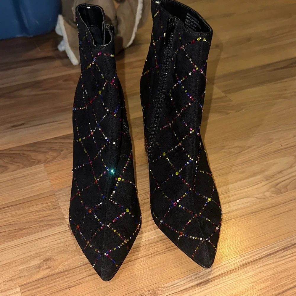 Black Quilted Rhinestone Ankle Boots with Beaded Block Heel